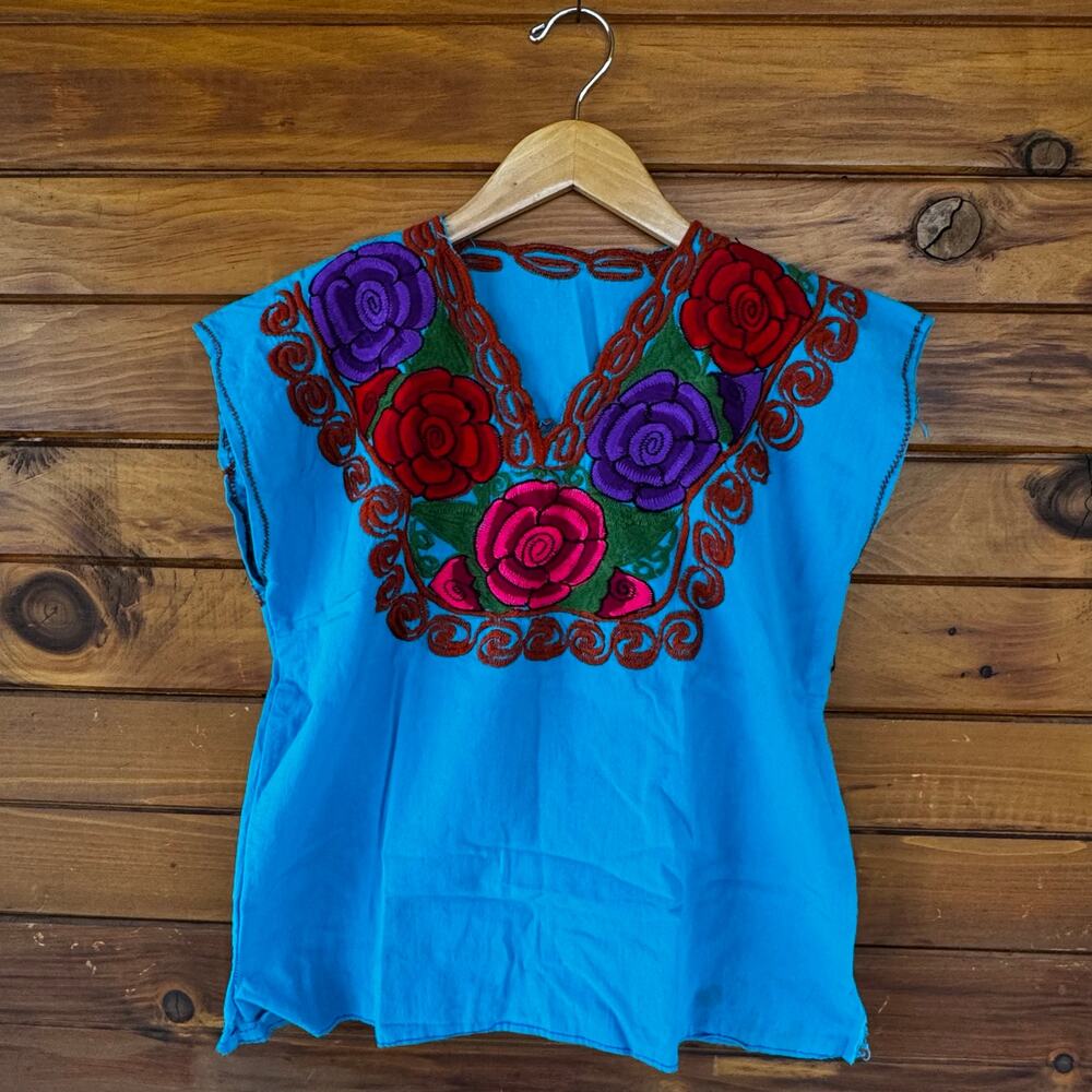 VINTAGE | Mexican Blue Huipil Embroidered Boho Festival Cotton Blouse Top Size S